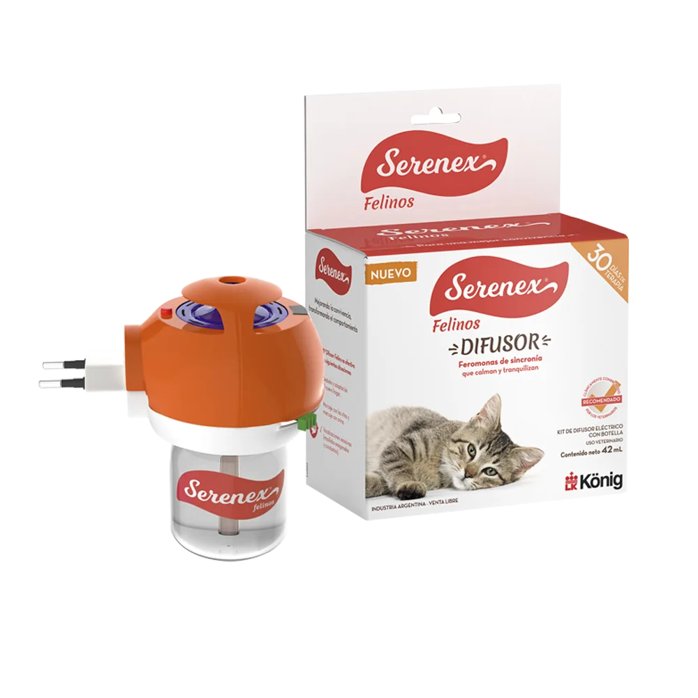 Caja blanca con detalles rojos y a su lado hay un difusor para conectar a la corriente con un frasco transparente con detalles rojos de feromonas para gatos Serenex Gatos Kit
