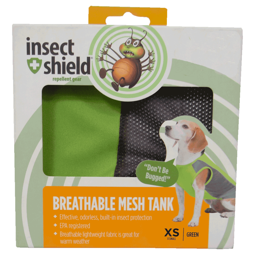 Caja de Camiseta Repelente Para Perros Verde Insect Shield en su empaque original talla XS