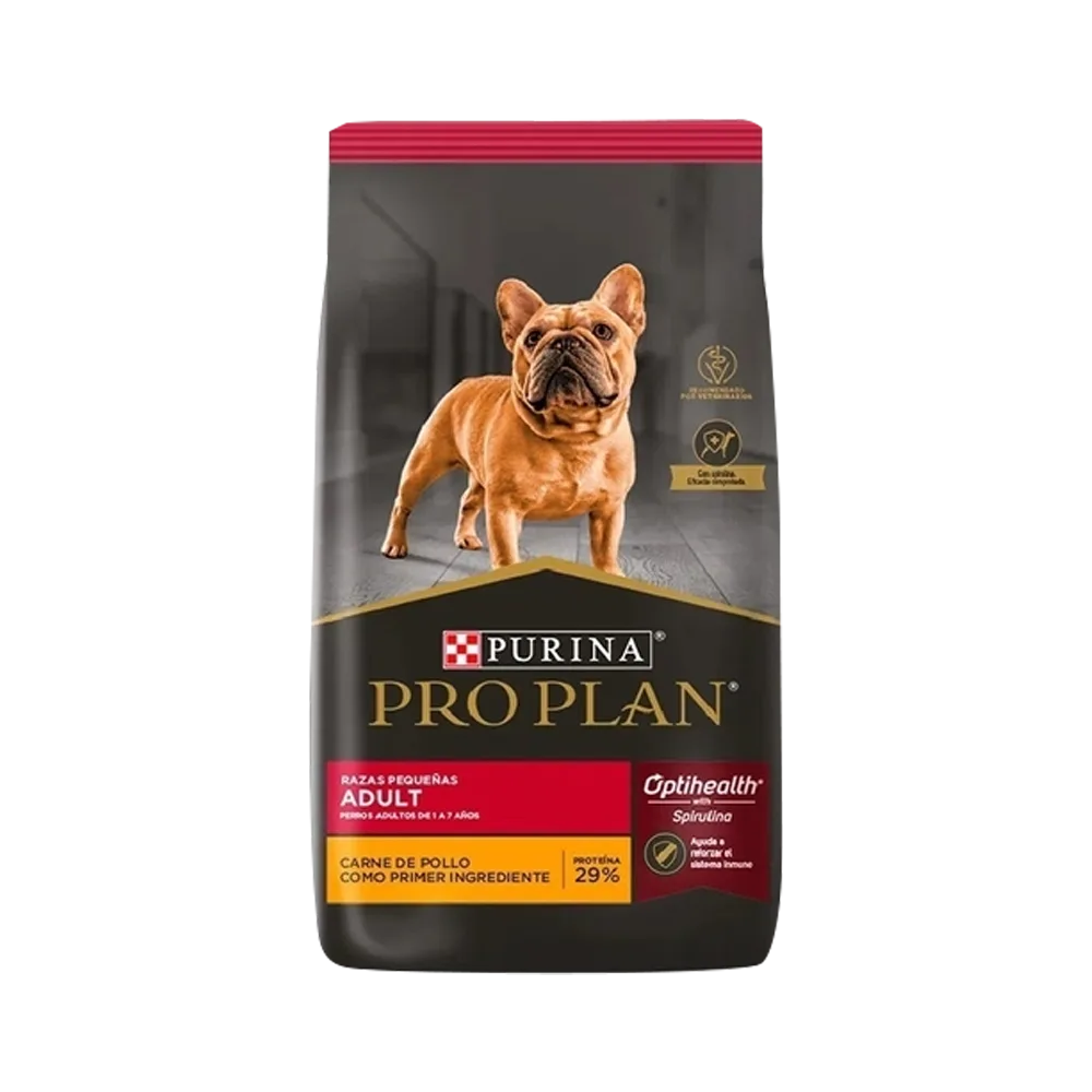 Bolsa color negro con detalles rojos de alimento Purina Pro Plan para perro adulto de raza pequeña