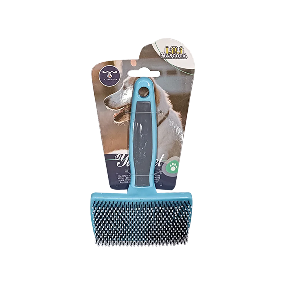 Imagen de Peine Rectangular para mascotas en su empaque original, es de color celeste y tiene cerdas plásticas de color negro recubiertas en la punta