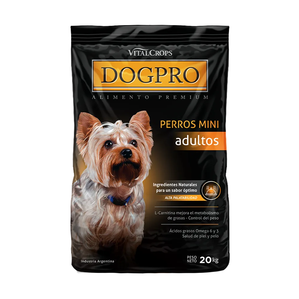Bolsa negra de 20 kg con detalles naranjas de DogPro Adulto Mini, un alimento seco para perros adultos de tallas mini y acompañada de un frisbee de regalo