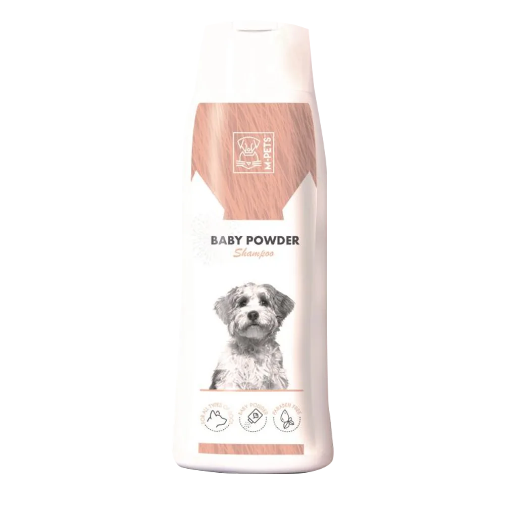 Frasco blanco con detalles rosado pastel del Shampoo para perros M-Pets con aroma a talco de bebé