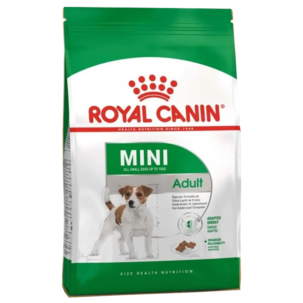 Bolsa blanca con verde de alimento para perro Royal Canin Mini Adult