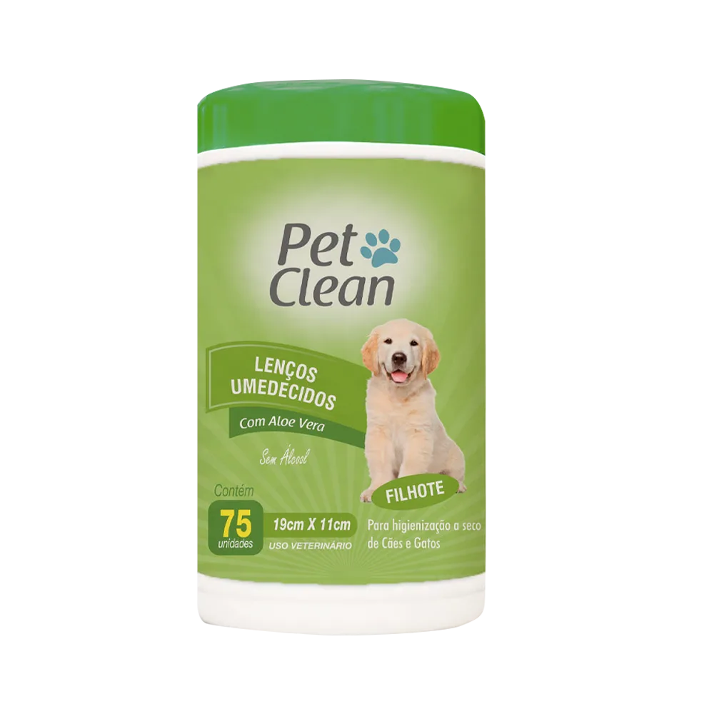 Frasco color verde claro con un golden retriever cachorro en la portada, son los Paños Húmedos de limpieza Pet Clean para cachorros.