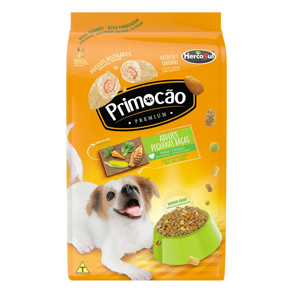 Bolsa de alimento balanceado Primocao Adulto Raza pequeña. Es de color naranja y tiene la imagen de un perro pequeño de color blanco cerca de un plato de comida llena de Primocao.