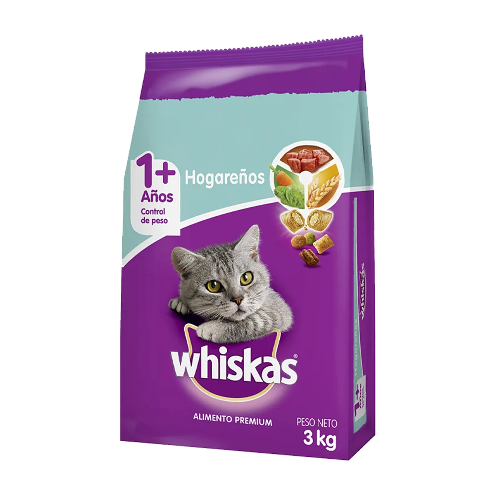 Bolsa de alimento para gato Whiskas Adulto Hogareño en su presentación de 3 kilos. Color violeta con detalles verdes claro