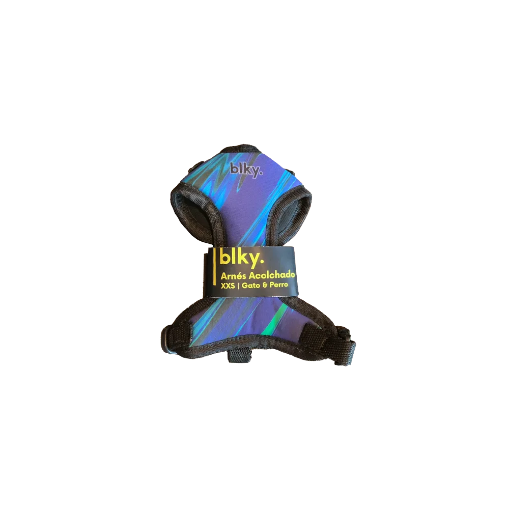 Pechera Arnés Blky Talla XXS con estampado Ramé para perros y gatos. El estampado es de colores predominante azulados que van desde el azul violeta hasta el aquamarina