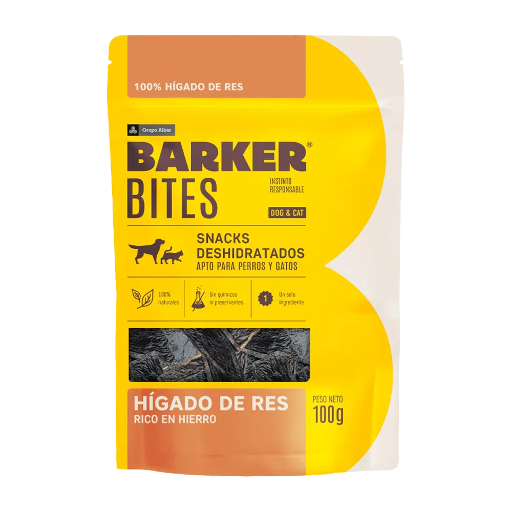 Empaque plástico color amarillo con detalles rosa pastel, es el snack natural para perros y gatos Barker Bites Hígado de Res