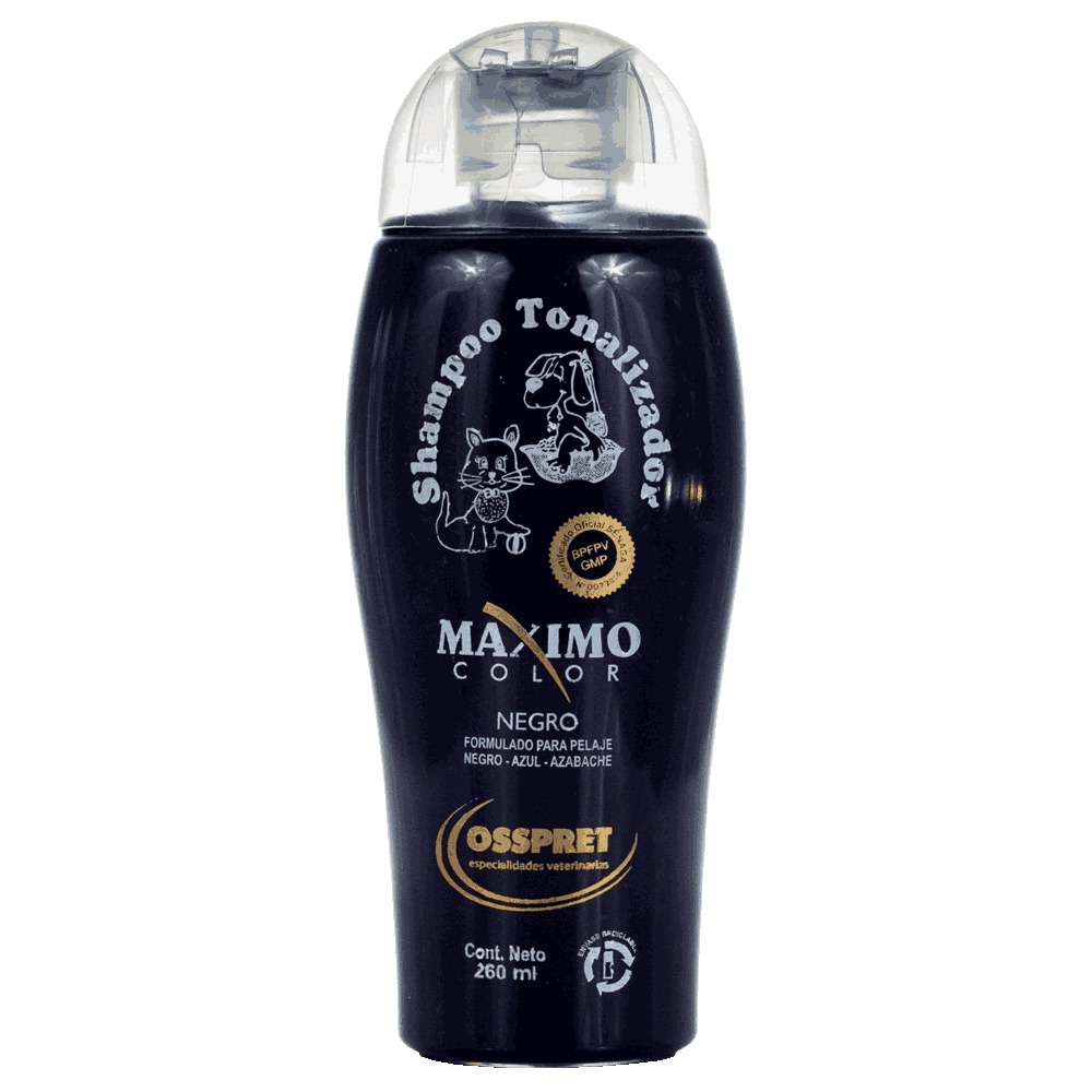 Frasco de color negro de Osspret Shampoo Maximo Tonalizador Negro de 260cc
