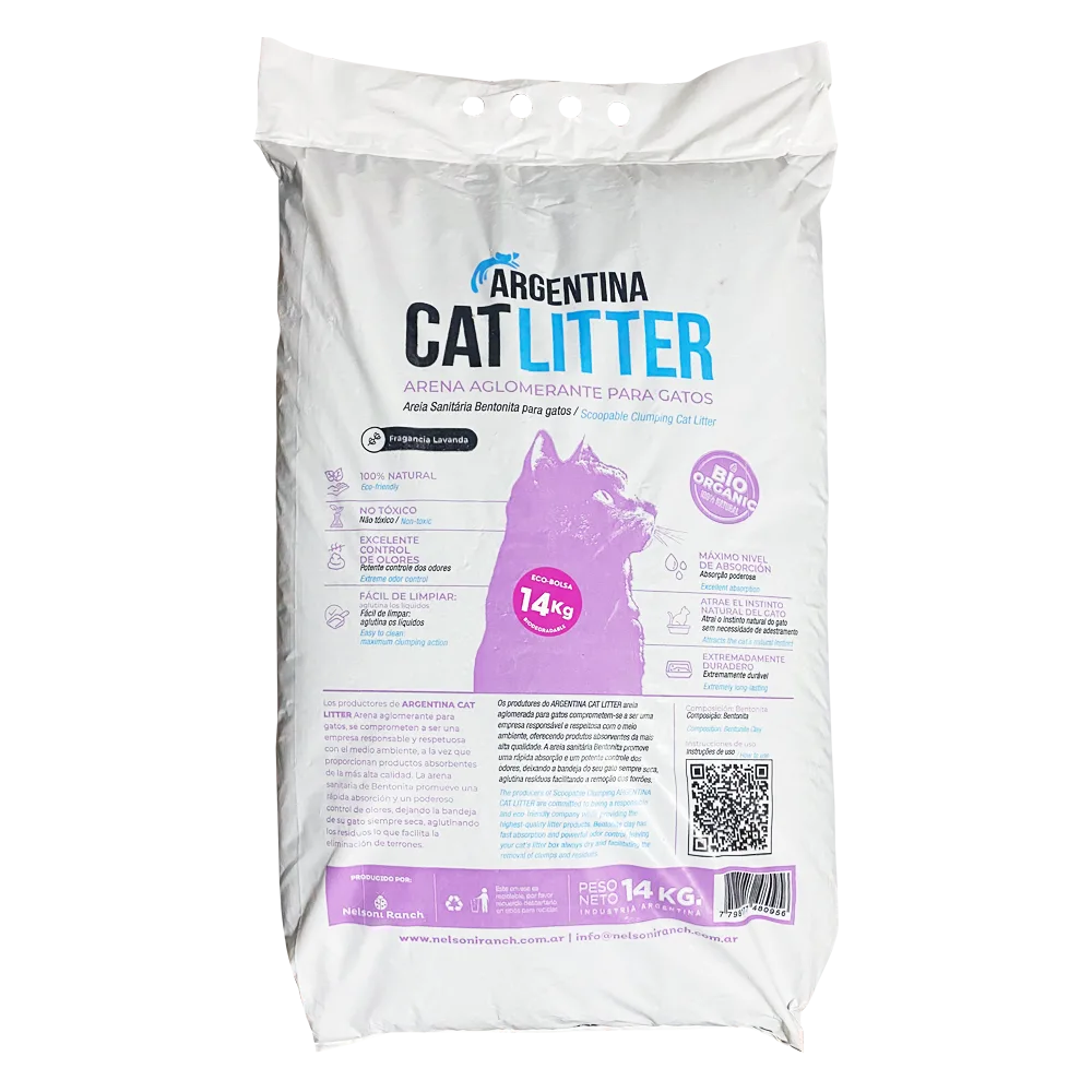 Bolsa blanca de arena Argentina Cat Litter Aglomerante aroma Lavanda de 14 kg más una bolsa de arena aglomerante de 4 kg de regalo 