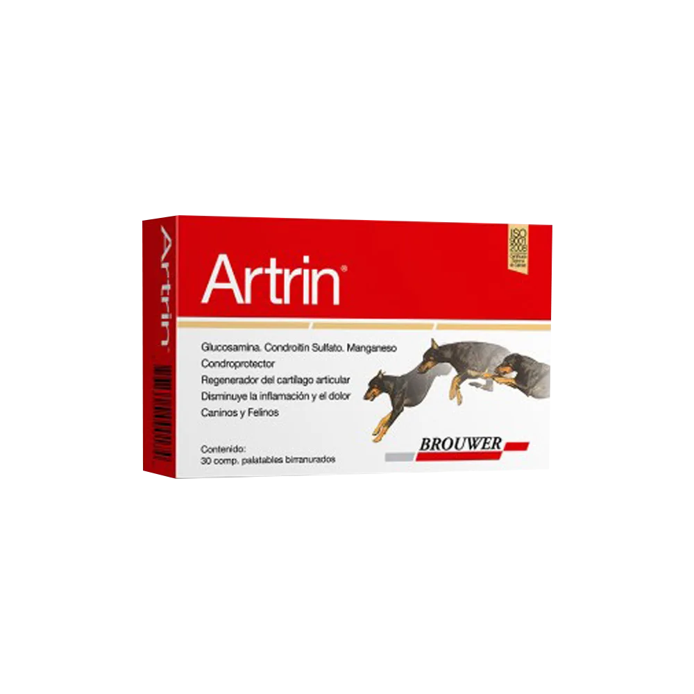 Caja color blanco con rojo de comprimidos Artrin, medicina para perros y gatos con problemas articulares