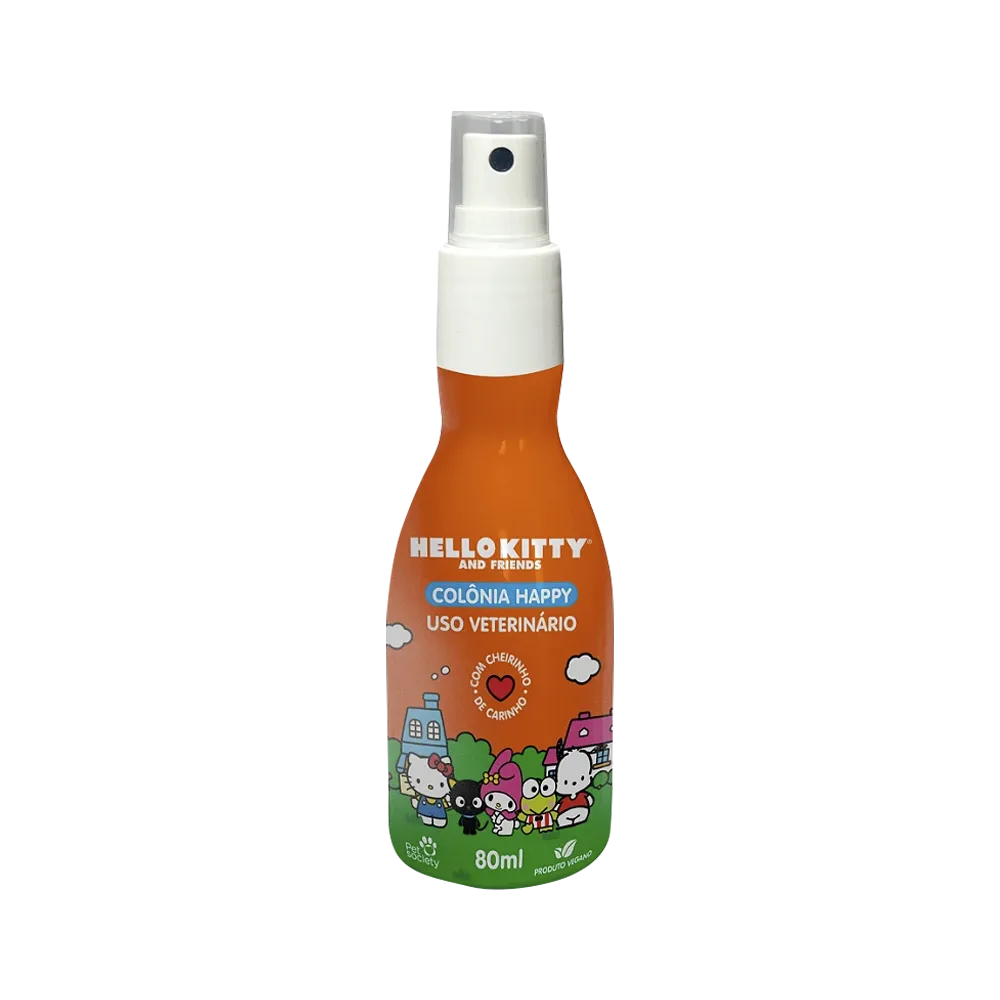 Frasco con atomizador blanco, el cuerpo del frasco es de color naranja y tiene detalles verdes. Es la Colonia Happy de la línea Hello Kitty apta para perros y gatos desde las 8 semanas de vida.