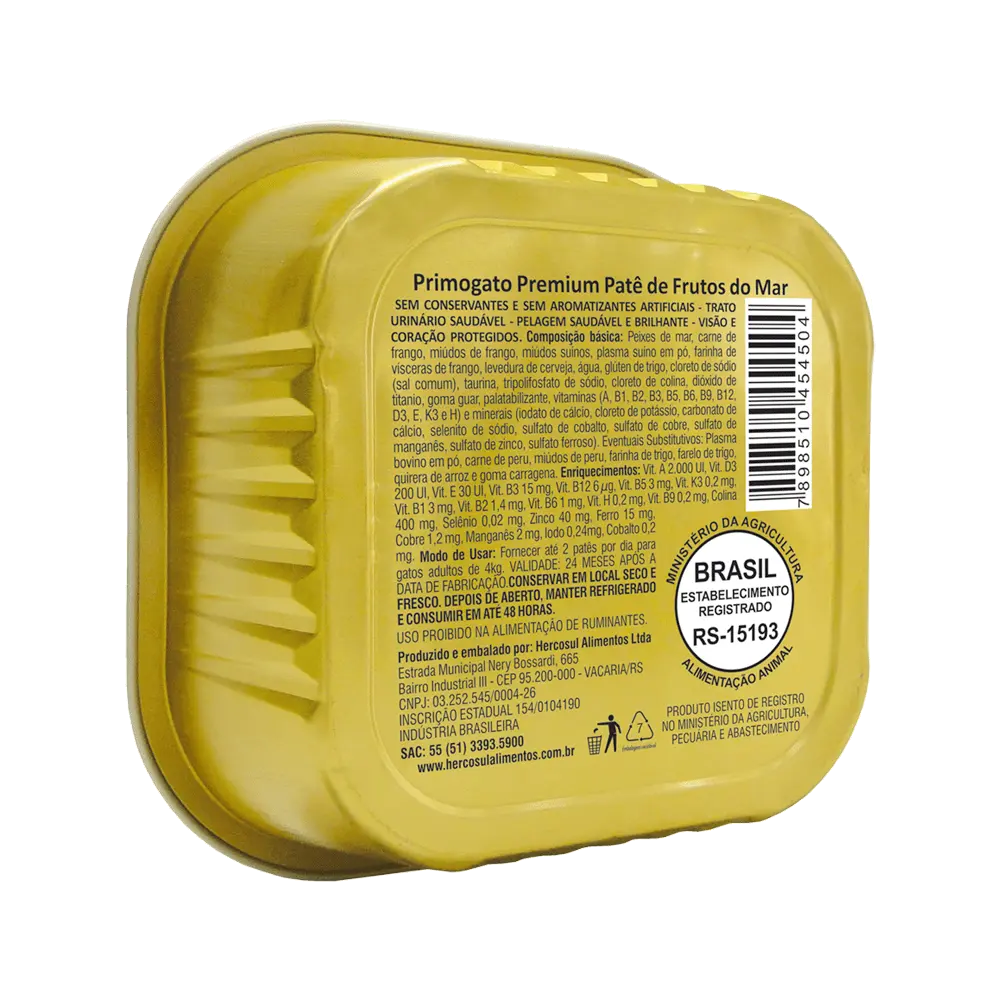 Vista trasera de lata de alimento húmedo Primogato Pate Pescado para gatos adultos. Es de color bronce y tiene una etiqueta con la información nutricional del alimento.