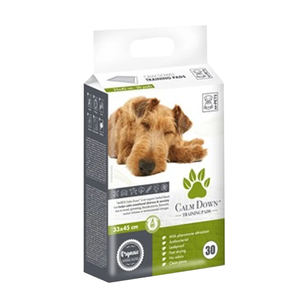 Paquete de Paños de Entrenamiento Tranquilizantes de la marca M-Pets, tiene detalles grises y verdes y un perro recostado en el empaque en su presentación de 30 unidades.
