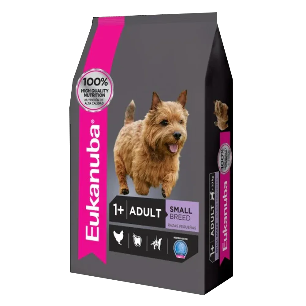 Bolsa gris con detalles rosados de alimento para perro Eukanuba Perro Adulto Raza Pequeña