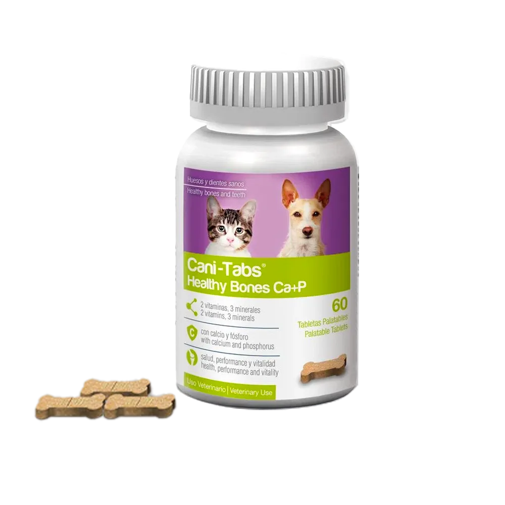 Frasco de Cani-Tabs Healthy Bones: suplemento para la salud de huesos y articulaciones de perros y gatos. Es de color blanco y tiene detalles verde claro. Presenta la imagen de un perro y un gato sobre un fondo violeta.