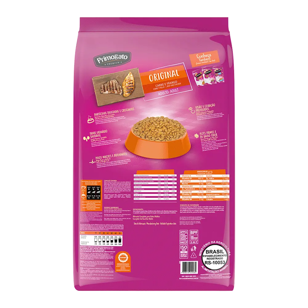 Vista de la parte trasera de una bolsa de Primogato Adulto Carne y Pollo en su presentación de 1kg. Es de color violeta y tiene un plato de comida para gatos además de toda la información nutricional del alimento