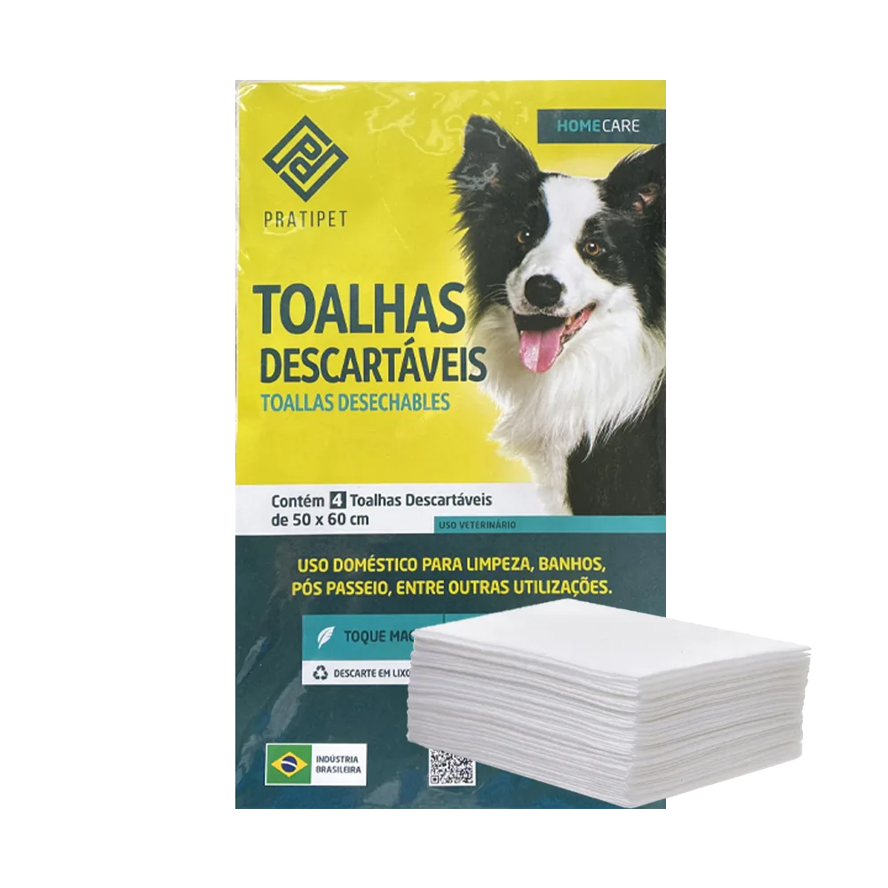 Toallas Desechables de Pratipet, es un empaque transparente con una portada amarilla con detalles verde oscuro y un perro blanco con negro, a un lado están las toallas blancas apiladas.