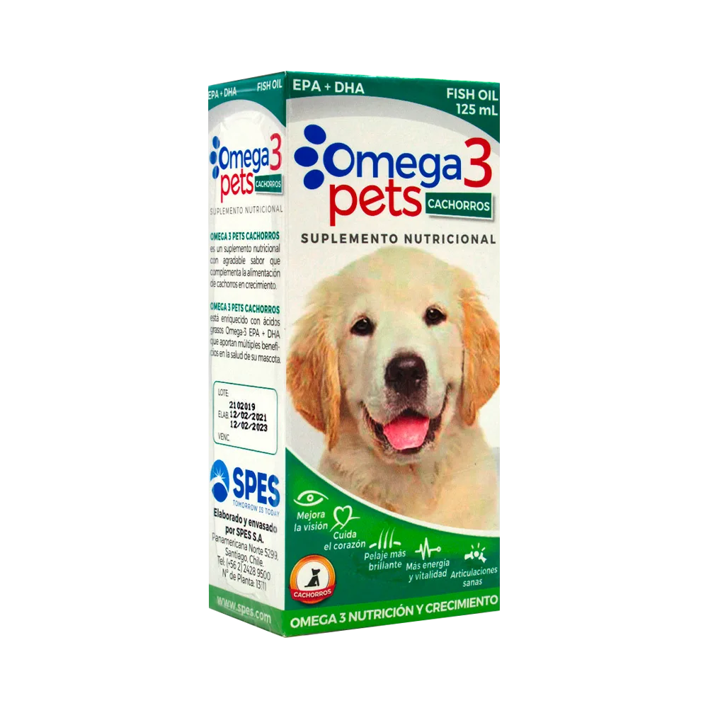 Caja color blanco con detalles verdes y un labrador cachorro en la portada de suplemento nutricional Omega 3 Pets para Perros Cachorros