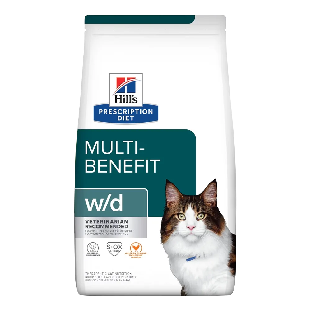 Bolsa de alimento Hill's Prescription Diet Feline w/d Multibenefit para gatos, la bolsa es blanca con detalles verdes azulados en todos claros y oscuros y un gato blanco y manchas marrones en la esquina inferior derecha