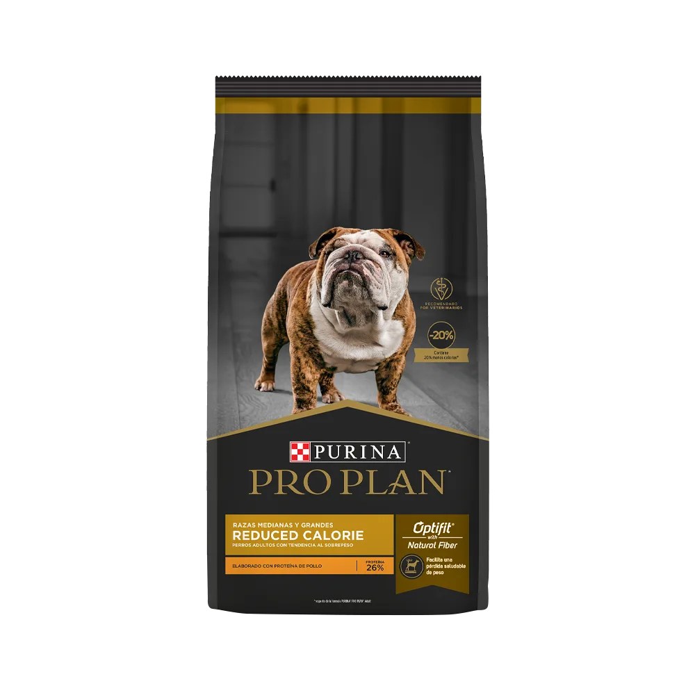 Bolsa negra con detalles amarillos de Pro Plan Reduced Calorie para razas medianas y grandes