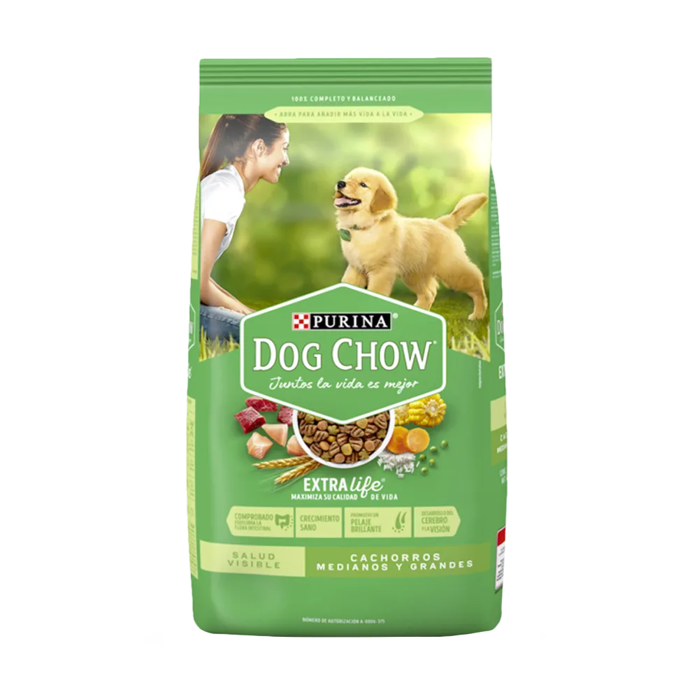 Bolsa verde con detalles verde claro de Dog Chow Cachorros Medianos y Grandes, alimento balanceado para perros 