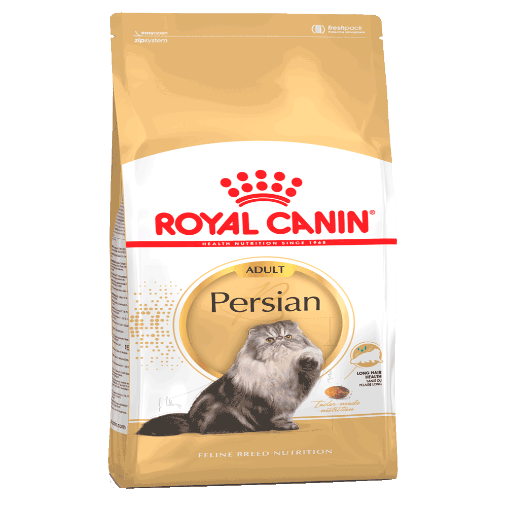 Bolsa dorada con detalles blancos y rojos de alimento para gatos de raza persa Royal Canin gato persa adulto 