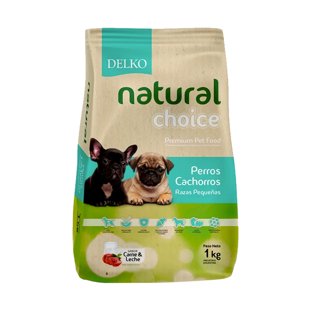 Bolsa color marrón con detalles verde alimento seco para cachorros pequeños: Natural Choice Cachorro Pequeño. La bolsa tiene detalles celestes y tiene dos perros cachorros uno marrón oscuro y otro marrón claro. 