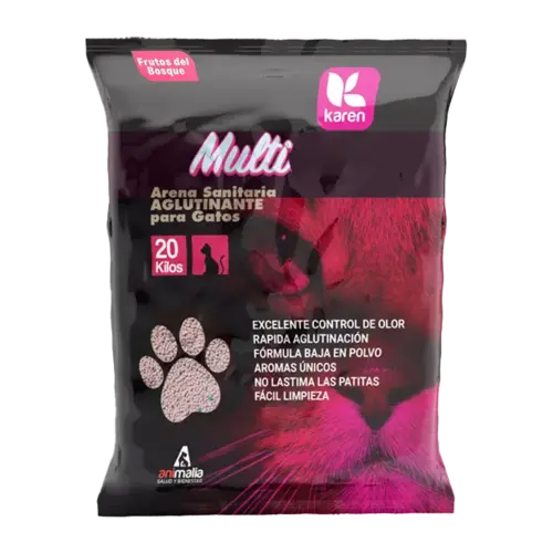 Bolsa negra con detalles rosados y la silueta de un gato en la parte derecha inferior en el mismo color, es la Arena Sanitaria Karen para gatos en aroma Frutos del Bosque