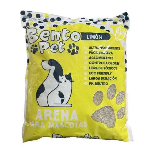 Bolsa blanca con detalles amarillos de Bento Pet Arena Sanitaria Lavanda. Una arena de bentonita aglomerante para gatos, en su presentación de 20 kg