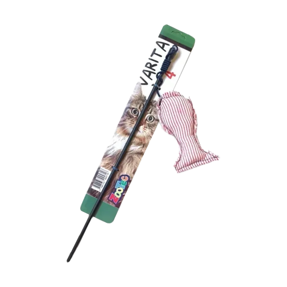 Varita Para Gatos Zootec en su empaque original, es una varita negra plástica con un pez de algodón color blanco con rayas rojas colgando