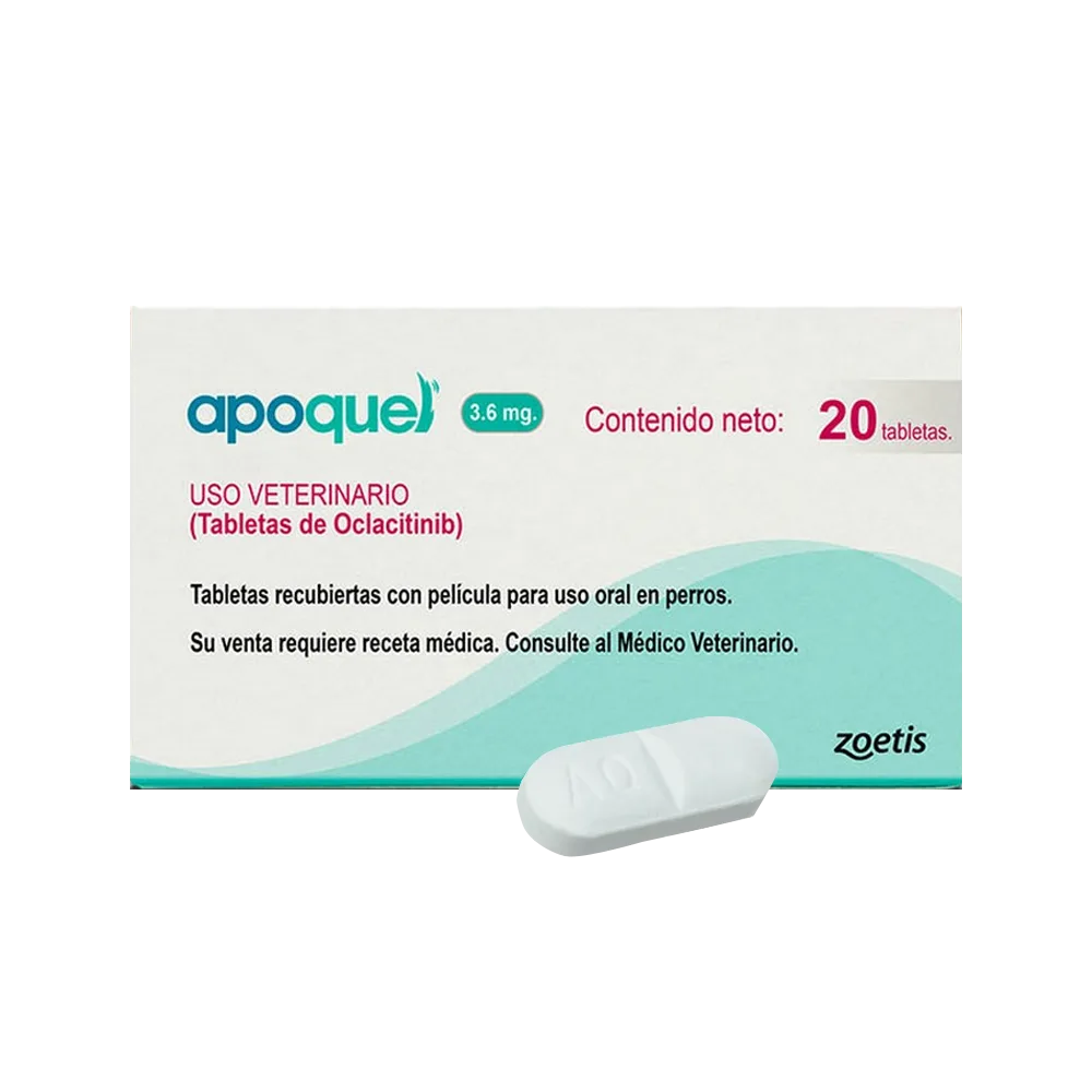 Caja color blanco con detalles verde agua de Apoquel 20 Comprimidos, esta presentación es de 3,6 mg, es un tratamiento oral para las alergias en perros