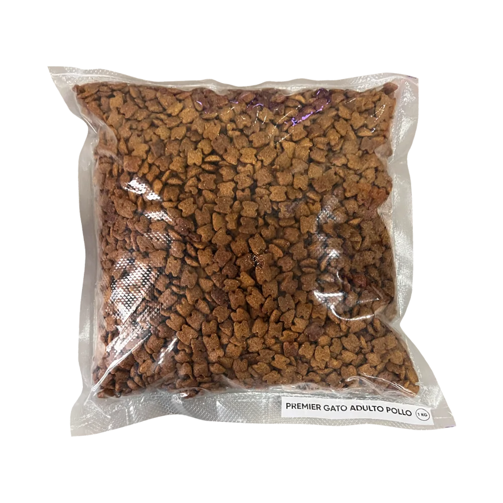 Bolsa azul con detalles blancos y naranjas y un gato naranja en la portada. Es el alimento Premier Gatos Adultos