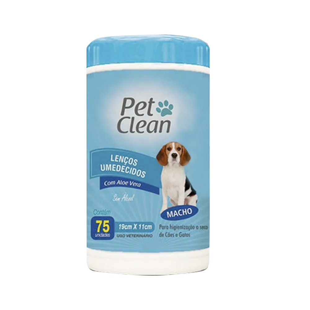 Frasco color azul claro con un beagle adulto tricolor en la portada, son los Paños Húmedos de limpieza Pet Clean para cachorros.