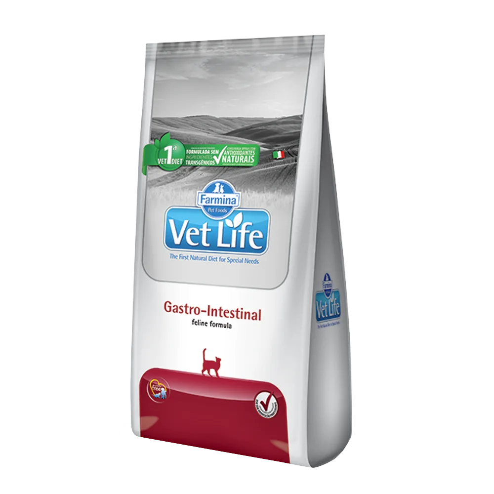 Bolsa blanca con detalles rojos y verdes de alimento Vet Life Gastrointestinal Feline para gatos con problemas gastrointestinales