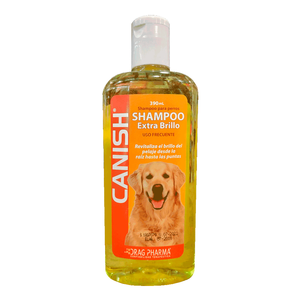 Envase transparente con etiqueta naranja y rojo con tapa blanca de shampoo Canish Extra Brillo Shampoo