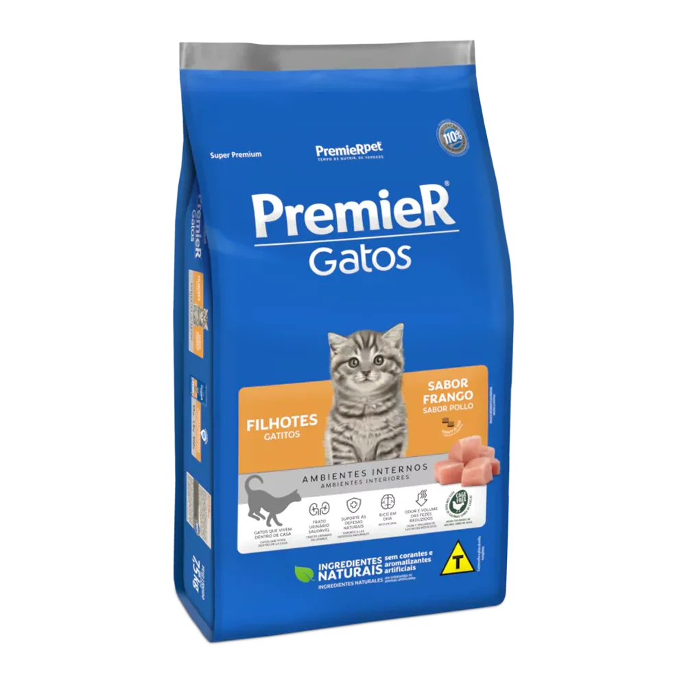 Bolsa azul con detalles blancos y naranjas del alimento Premier Gatitos Pollo, un alimento para gatitos cachorros. La bolsa tiene un gatito cachorro gris en la portada