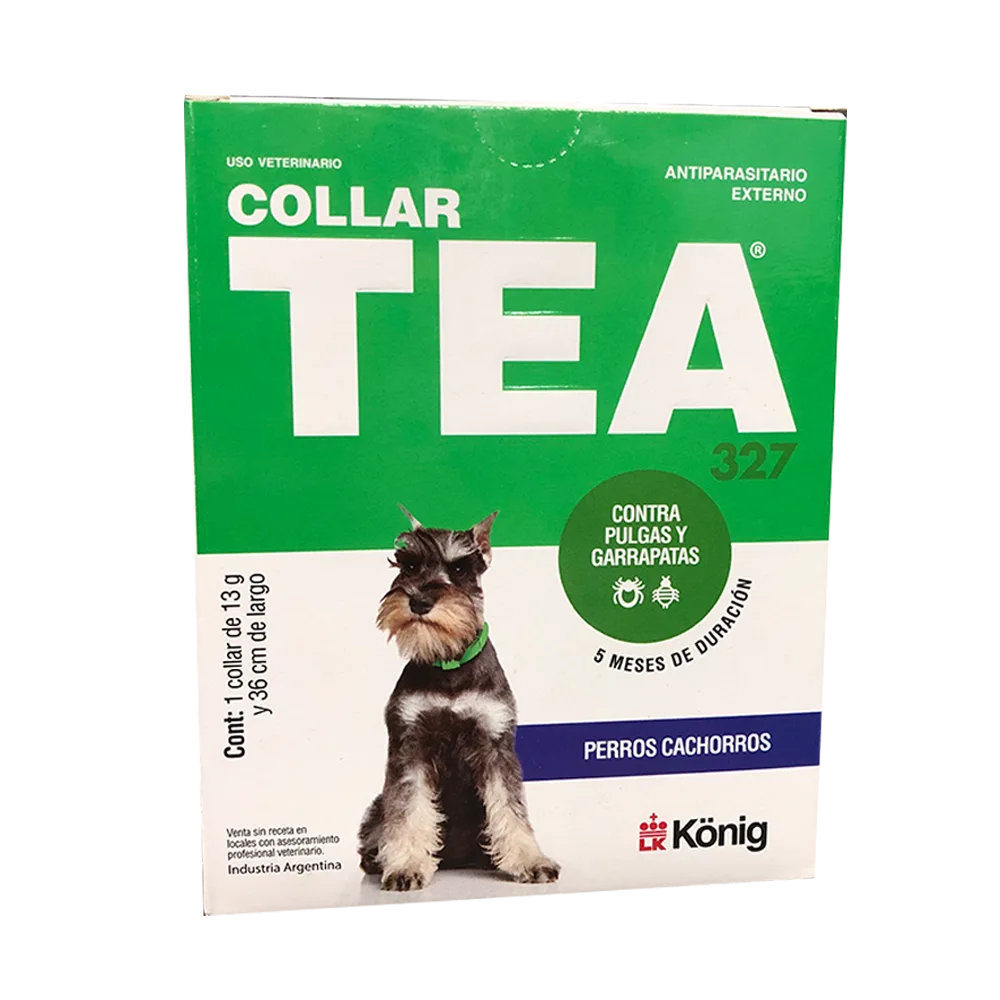 Caja color verde con detalles blancos de Collar Tea 327 Antiparasitario para perros cachorros