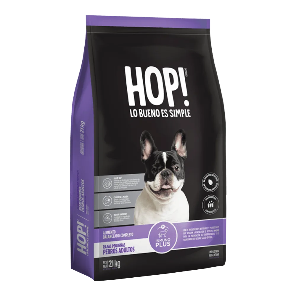 Bolsa negra con detalles morados y un bulldog francés en la portada color negro con blanco. Es la bolsa del alimento HOP! Para perros Adultos de Raza Pequeña en presentación de 3 kg