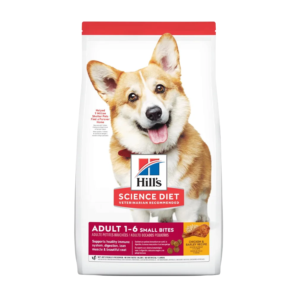 Bolsa blanca con detalles rojos de Hill's Science Diet Small Bites Adult para perros adultos que prefieren bocados pequeños, tiene un perro corgi en la portada