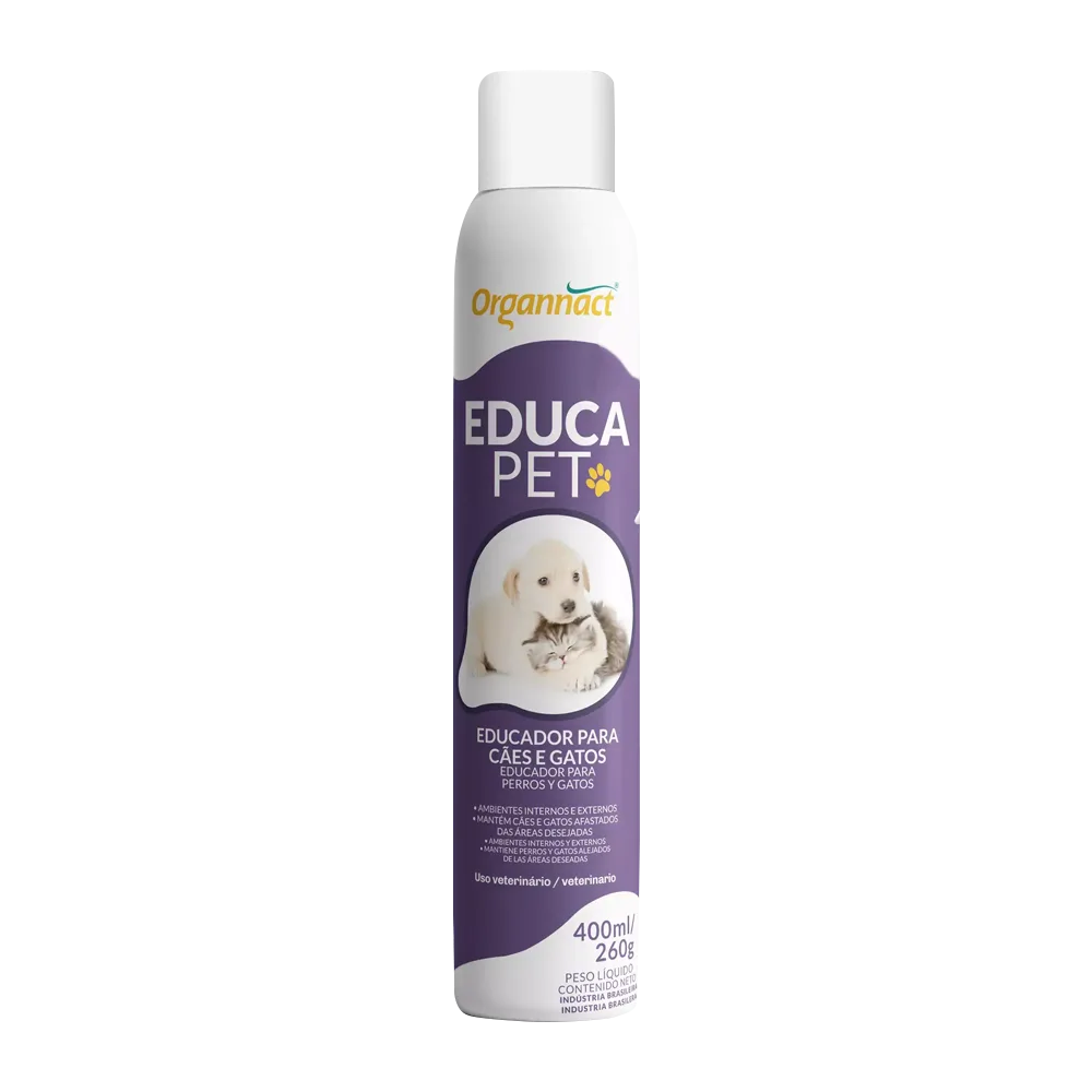 Tubo de aerosol Educa Pet color blanco con morado y una imagen de un perro y un gato, es un educador sanitario para mascotas. 