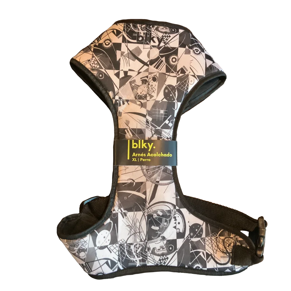 Pechera Arnés Blky Talla XL para perro grandes y gigantes con estampado "Vasili". El estampado es de color blanco y negro inspirado en el artista Vasili Kandinski
