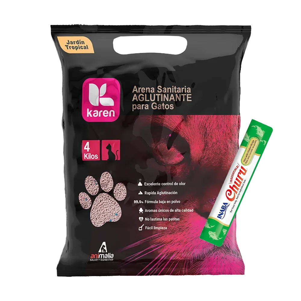 Bolsa negra con detalles rosados y la silueta de un gato en la parte derecha inferior en el mismo color, es la Arena Sanitaria Karen para gatos en aroma Jardín Tropical 