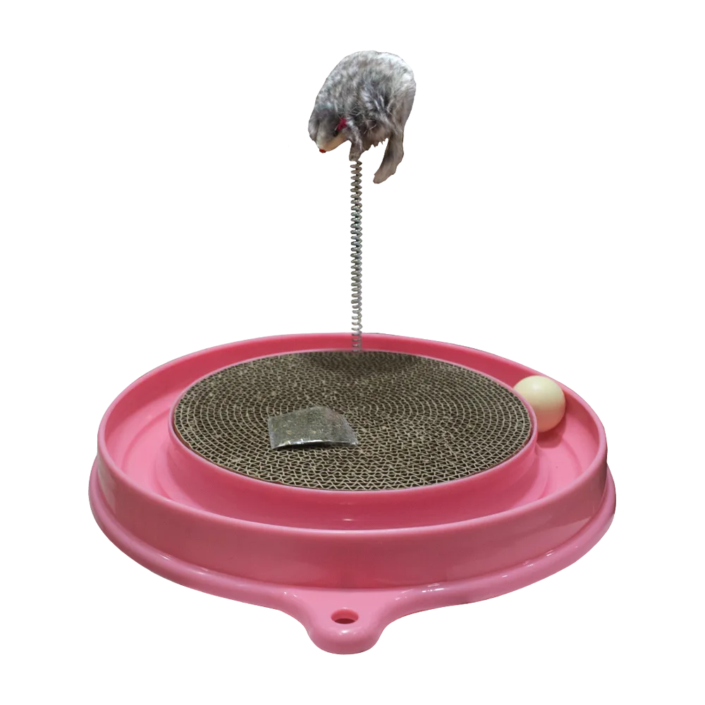 Estación de Juego Para Gatos color rosa pastel con rascador, pelota con canal y ratón con resorte