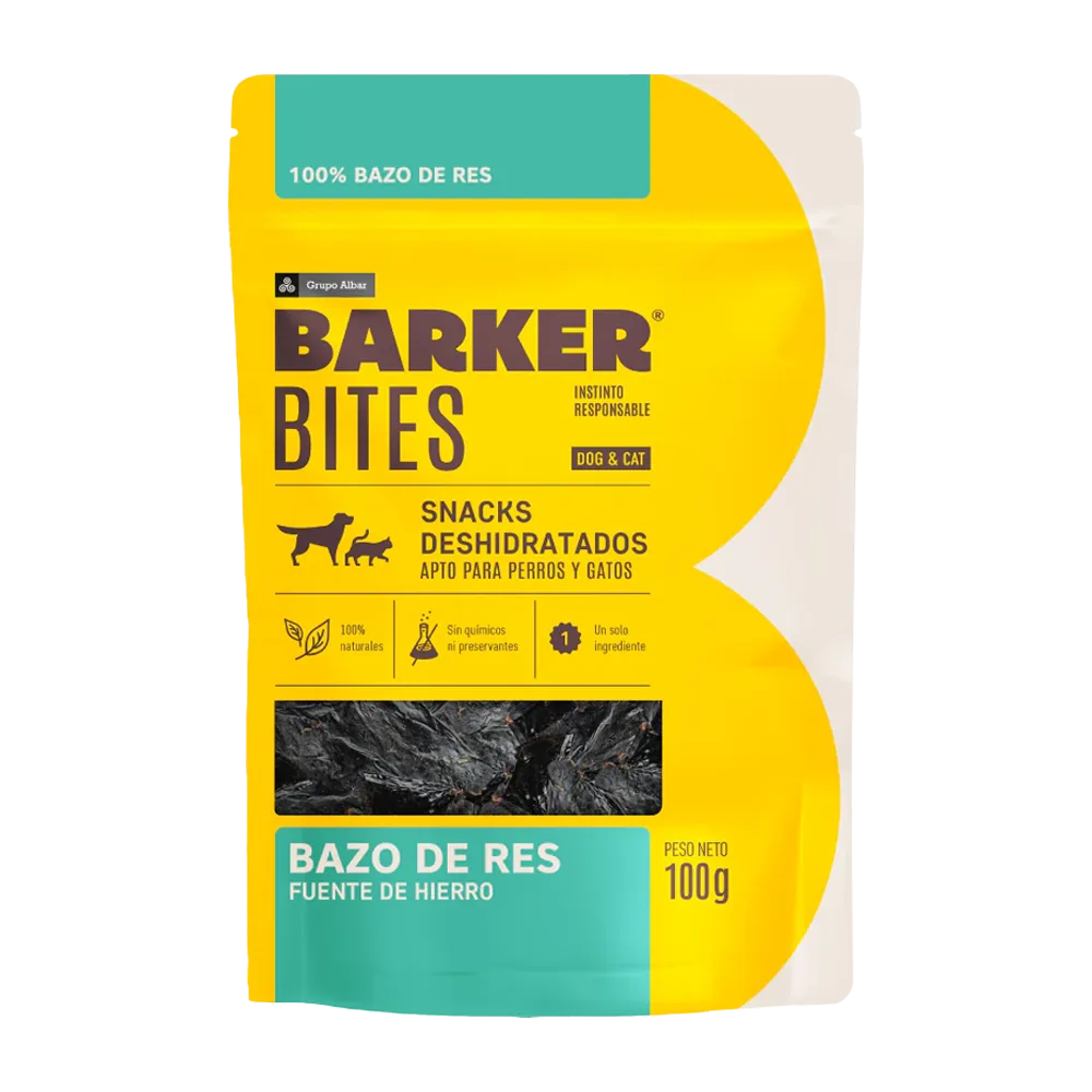 Empaque plástico color amarillo con detalles calipso, es el snack natural para perros y gatos Barker Bites Bazo de Res