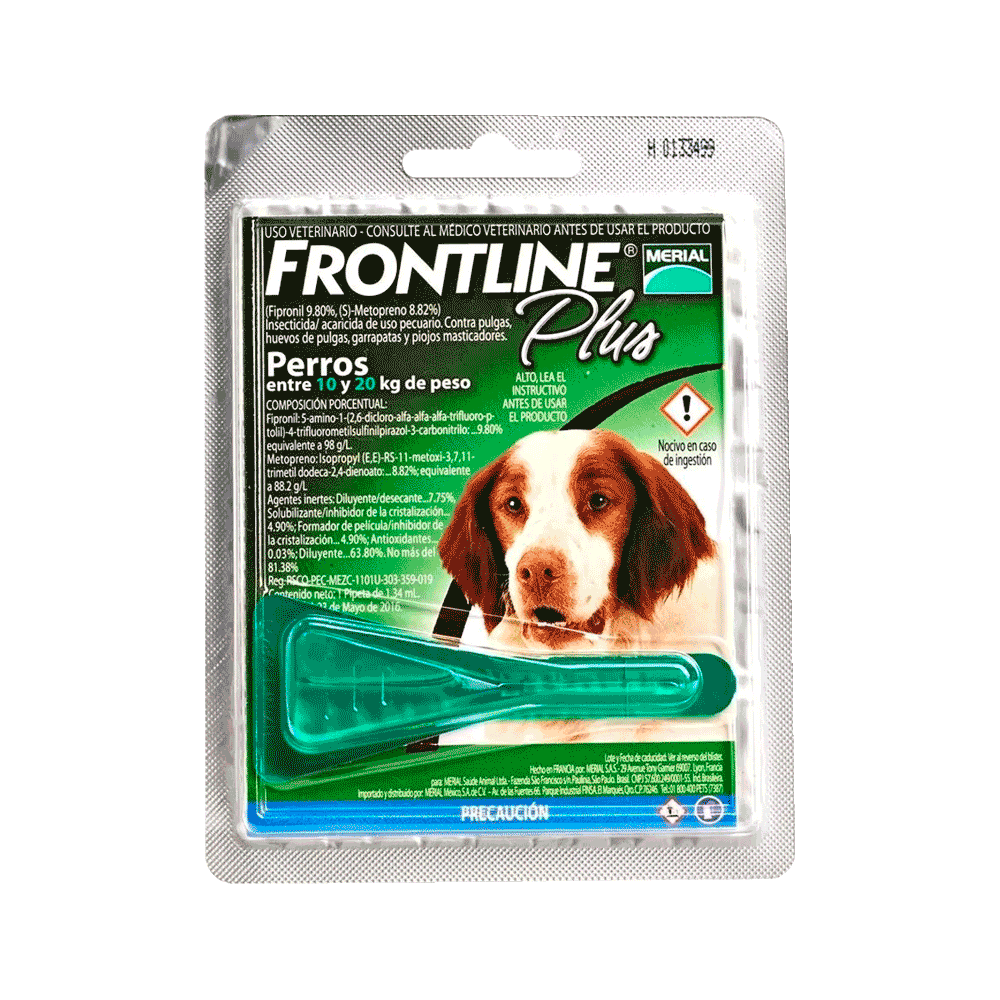 Pipeta verde en empaque sellado de Frontline Plus Perros de 10 a 20 kilos para combatir los parásitos externos