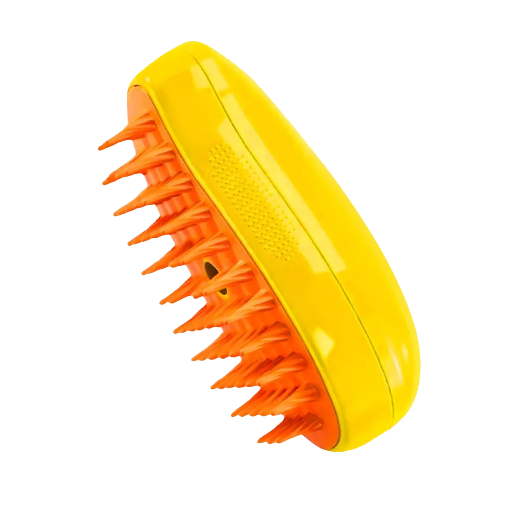 Cepillo amarillo a Vapor para Mascotas, tiene cerdas espaciadas de goma color naranja.