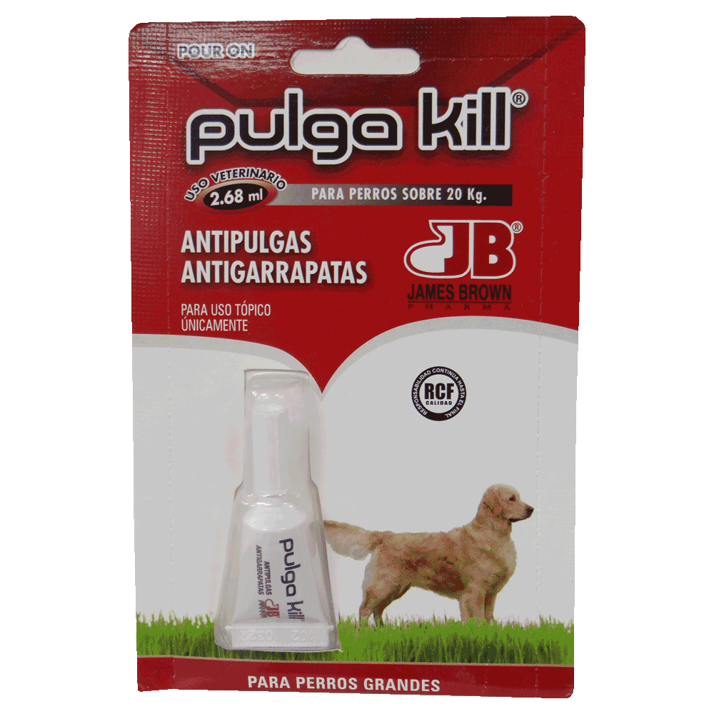 Empaque con detalles naranjas y rojos de Pulga Kill Pour On Perros Grandes antiparasitario externo
