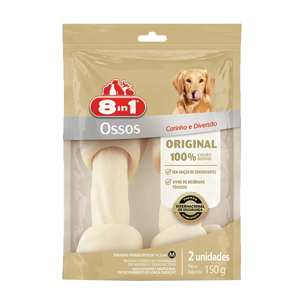 Empaque de Hueso Masticable Mediano 8in1. Es de color dorado con el logo rojo de 8in1 y la imagen de un labrador. Su empaque permite ver los dos huesos que contiene