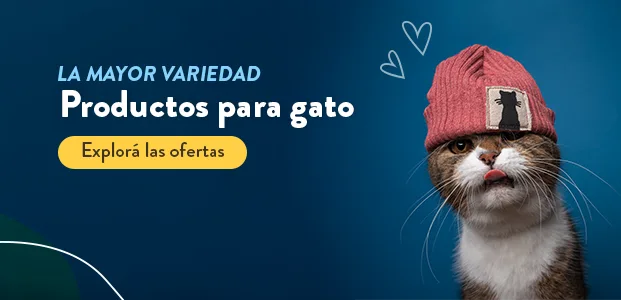 Imagen de un gato atigrado con un chulo rosa mirando de frente sobre un fondo azul opaco. El texto dice "La mayor variedad, Productos para gatos" y el botón dice "Explorá las ofertas"